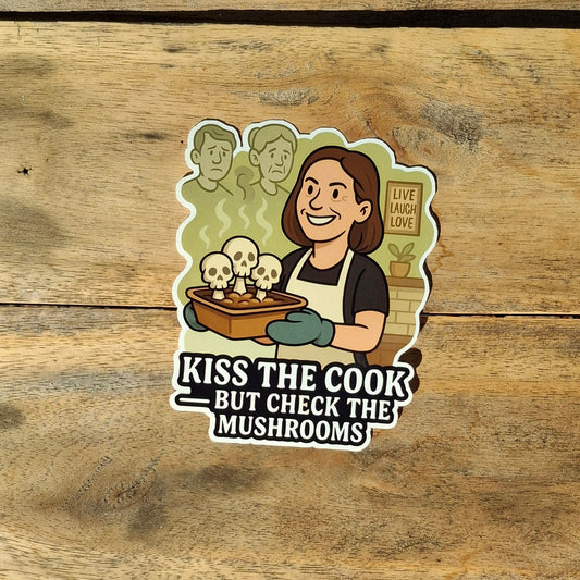 Sticker with a cartoon character on a wooden surface